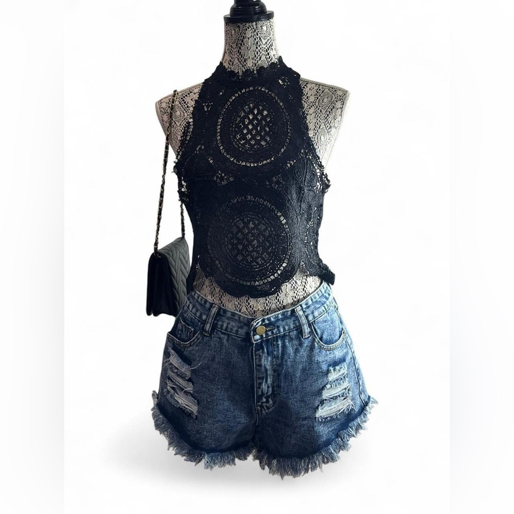 SHEIN Acid Wash Distressed Frayed Hem Denim Shorts - Blue
